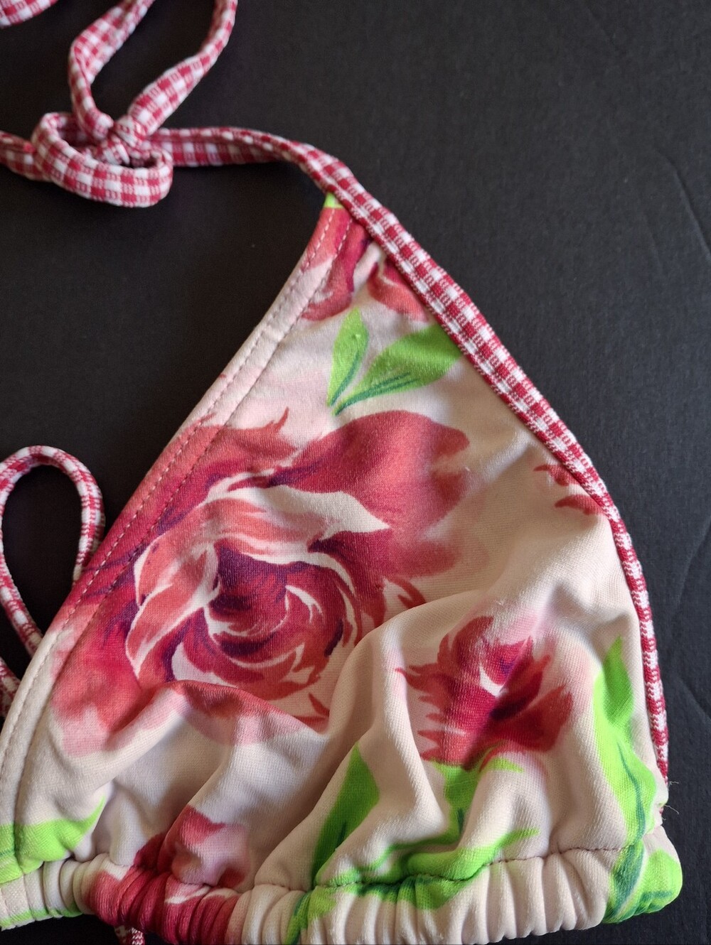 Floral Triangle Bikini Top Pink Rose Print Tie Neck Swimwear - Picture 5 of 5